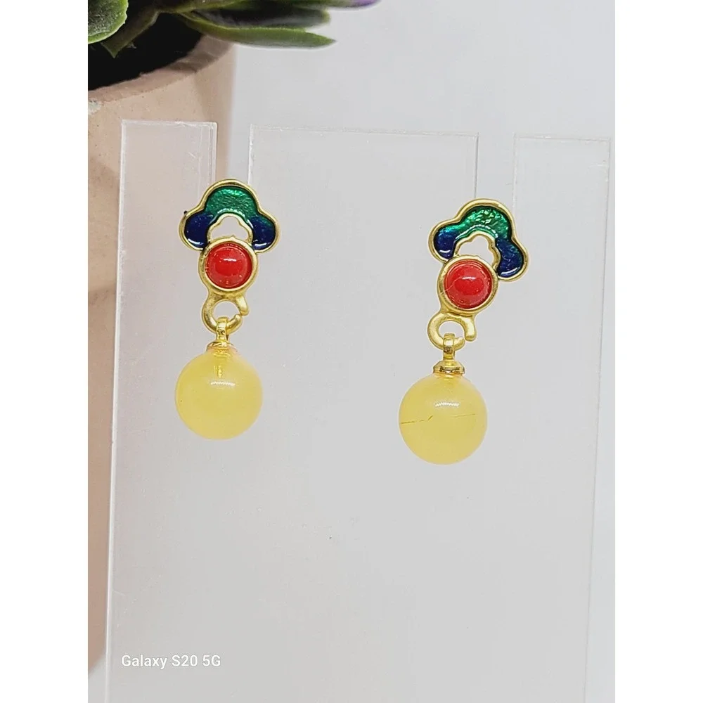 Vintage Style Enamel Drop Earrings Gold Tone Yellow Red‎ Green Blue Beaded Studs